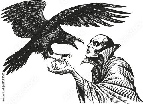 Vampire like character with raven on hand gothic horror figure interacting with large bird, dark fantasy illustration