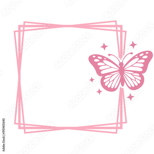 A delicate pink butterfly illustration with a square frame and sparkles on a white background