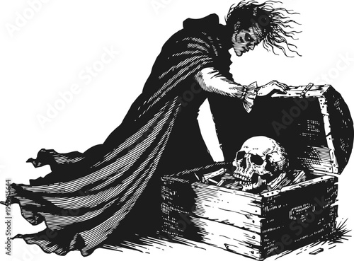 Dark mysterious figure opening wooden chest with human skull inside, gothic horror illustration