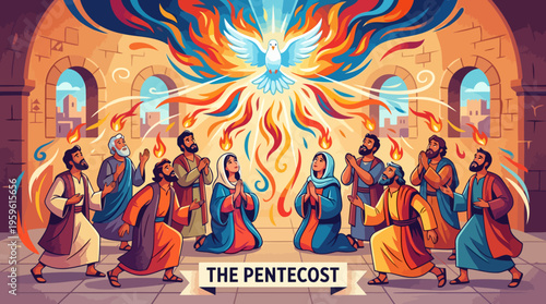 Vibrant Pentecost Scene with Disciples and Holy Spirit.
