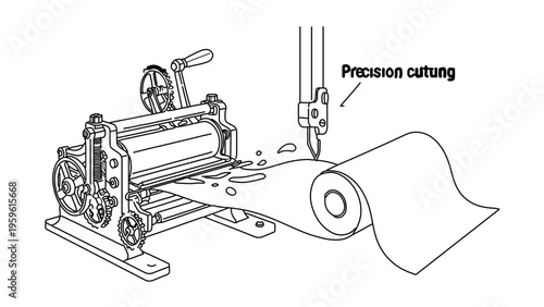 A vector graphic illustration of a machine precision cutting a roll of material