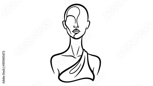 A minimalist line art illustration of a serene woman's face and upper body
