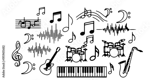 A vector graphic illustration of various musical symbols and instruments on a white background