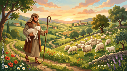 Shepherd holding a lamb in a pastoral landscape with sheep grazing.