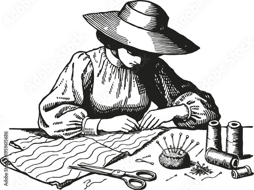 Woman sewing fabric by hand with needle and thread, vintage tailor working at table