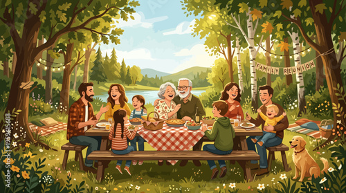 Happy Family Gathering Outdoors Enjoying Picnic Meal Together.