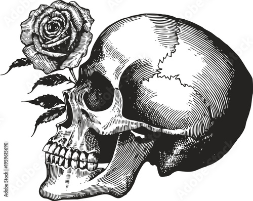 Detailed black and white illustration of a human skull with a blooming rose in the nasal cavity