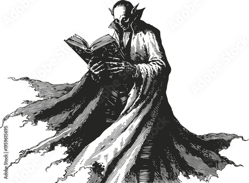 Dark vampire figure reading ancient book with tattered cloak flowing in the wind