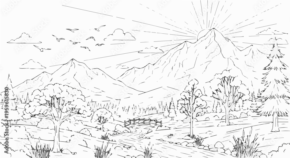 Obraz premium A serene mountain landscape with a sunburst and trees in a minimalist line art style