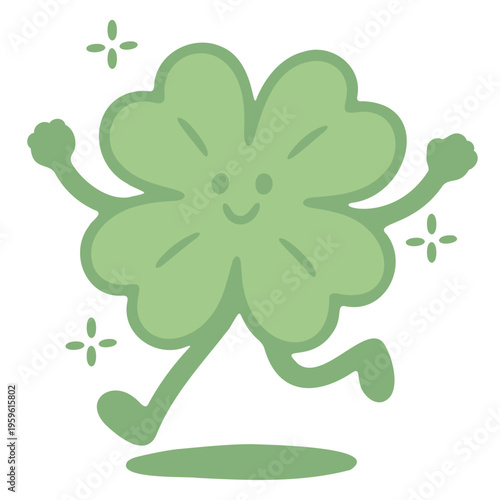 A cheerful green four-leaf clover character with a smile and sparkles