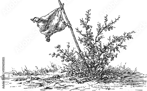 Vintage black and white drawing of a tattered flag on a stick planted in the ground near a bush