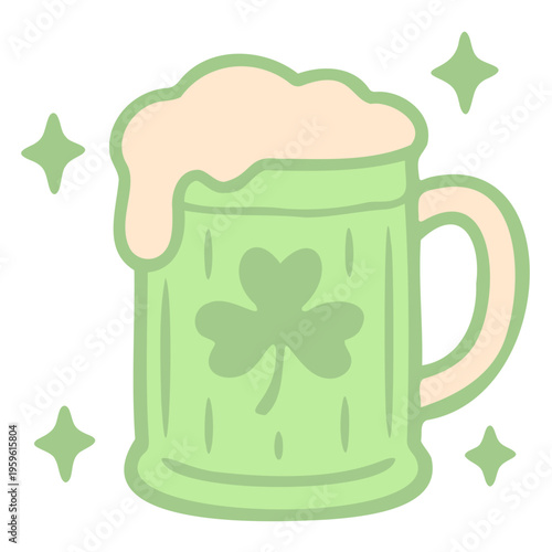 A festive green beer mug with a shamrock and foam, surrounded by sparkles, perfect for St. Patrick's Day celebrations
