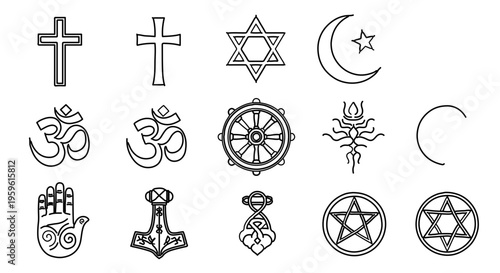 A collection of various religious symbols in a flat, minimalist vector graphic design