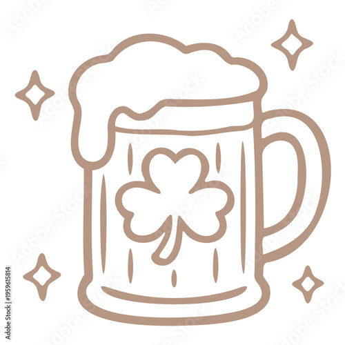A minimalist vector graphic of a beer mug with a shamrock design, surrounded by sparkles.