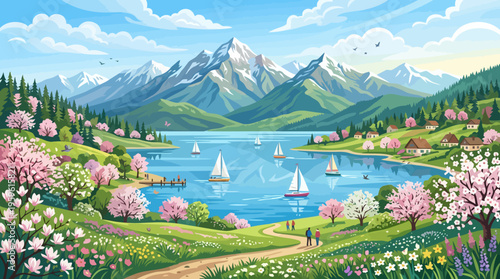 Vibrant Spring Mountain Lake Landscape with Blooming Trees and Sailboats.