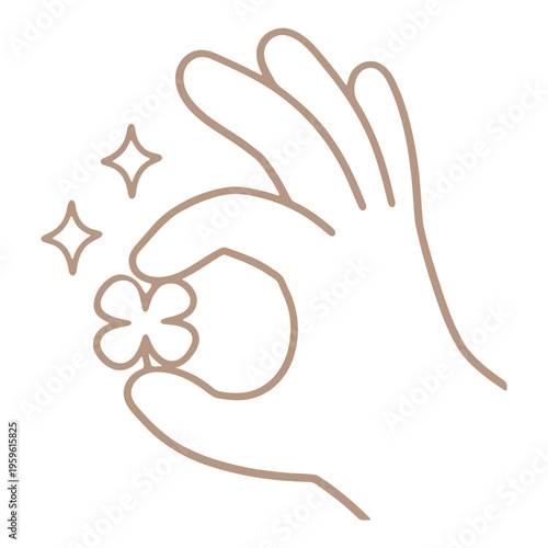 A minimalist vector graphic of a hand holding a four-leaf clover with sparkles