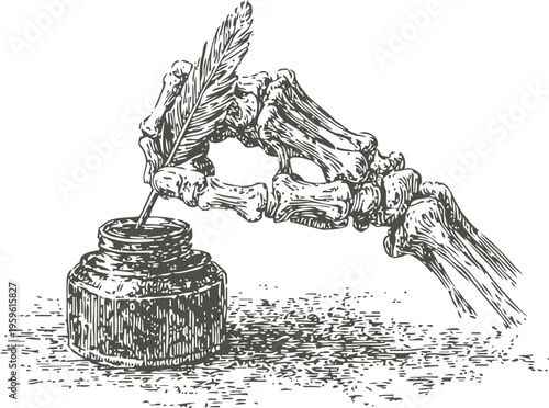 Skeleton hand holding quill pen dipping into ink bottle vintage writing illustration with bones and feather
