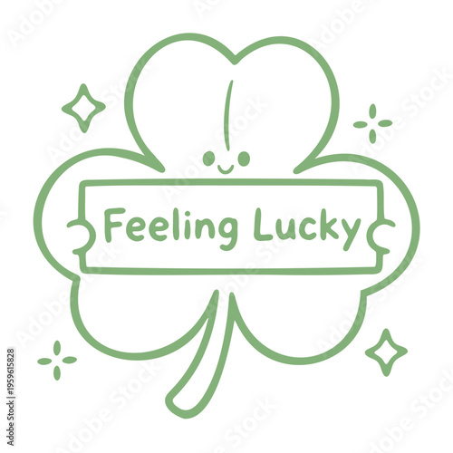 A minimalist vector graphic of a smiling four-leaf clover with a banner that reads Feeling Lucky