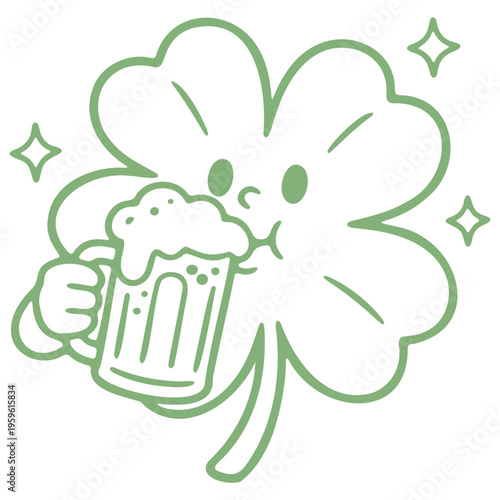 A cheerful four-leaf clover character holding a beer mug with a smile