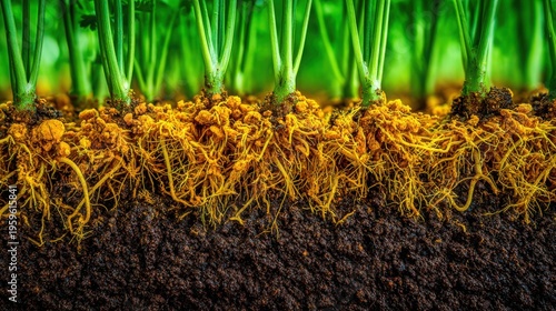 Detailed macro view of vibrant turmeric roots growing in rich soil with lush green foliage overhead.