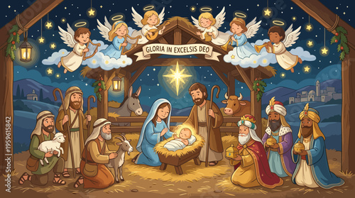 Traditional Christmas Nativity Scene with Holy Family and Wise Men.