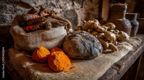 Vibrant golden turmeric roots and powder displayed with rustic stone and burlap for culinary and health benefits