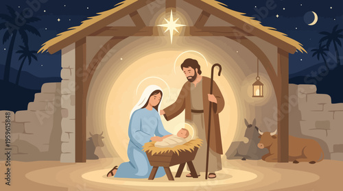 Nativity Scene with Mary Joseph and Baby Jesus in Manger.