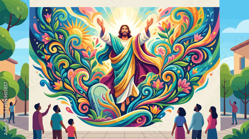 Vibrant Jesus Mural with Colorful Abstract Swirls and Floral Motifs.