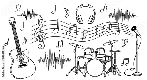 A minimalist vector illustration of a musician with a guitar and drum set surrounded by musical notes and sound waves