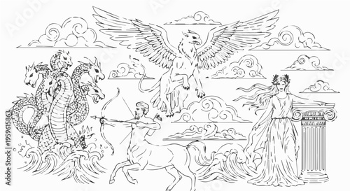 A mythological scene featuring a winged creature and figures in a classical setting