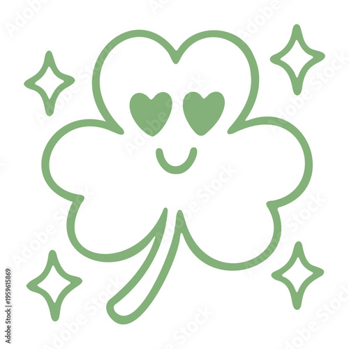 A cute four-leaf clover with heart eyes and sparkles in a minimalist green line art style