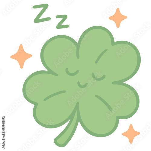 A cute cartoon clover with a smiling face and stars is sleeping peacefully in a vector graphic illustration