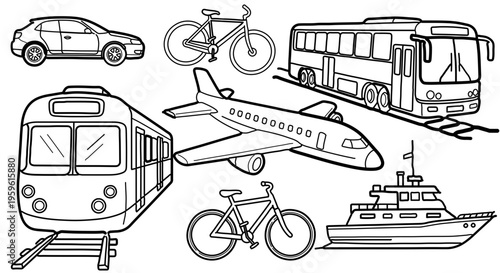A vector graphic illustration of various transportation modes including a car, bicycle, bus, airplane, train, and boat.