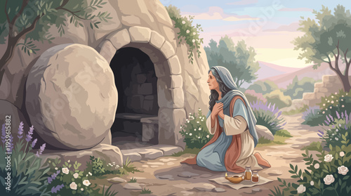 Woman Kneeling at Empty Tomb, Easter Resurrection Scene.