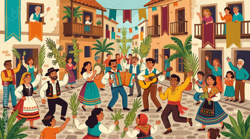 Joyful celebration with people dancing and playing music in a vibrant street festival.