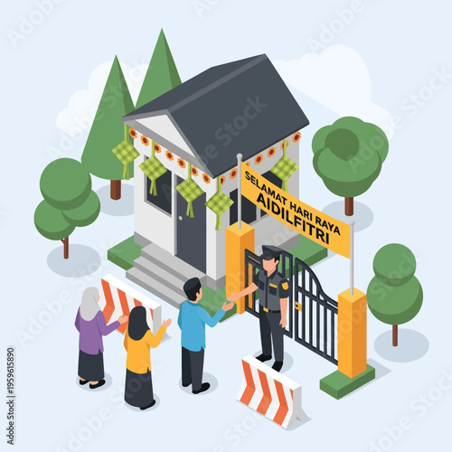 Polling Station Entrance with Voters and Guard.