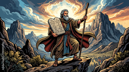 Moses holding the Ten Commandments on Mount Sinai, a biblical figure with a staff.
