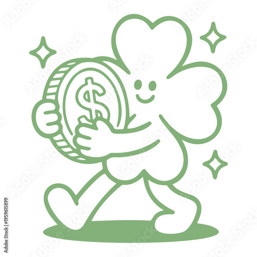 A cheerful four-leaf clover character holding a coin with a dollar sign, surrounded by sparkles in a minimalist green line art style.