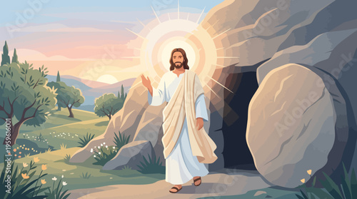 Jesus Christ Resurrected from Tomb with Divine Light.