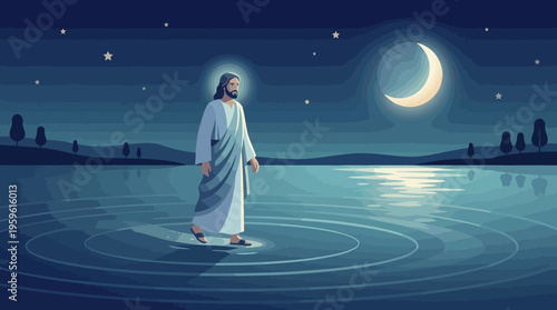 Jesus Christ Walking on Water Under Moonlight.