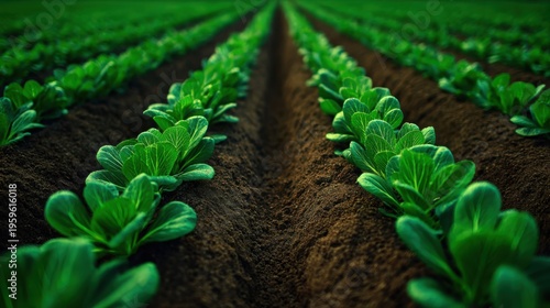 Rows of fresh green bok choy plants growing in fertile soil on a sunny farm