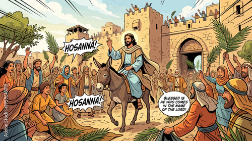 Jesus Christ Riding Donkey Palm Sunday Entry Jerusalem.