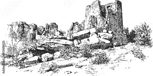 Ancient stone castle ruins on rocky hillside with scattered bushes and detailed texture
