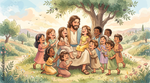 Jesus Christ surrounded by a diverse group of happy children in a joyful embrace.