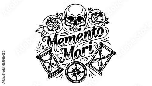 A black and white vector graphic illustration of a skull with roses and hourglasses