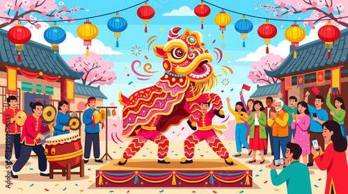 Vibrant Chinese New Year Lion Dance Performance with Musicians and Spectators.