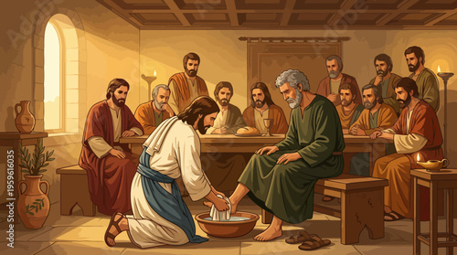 Jesus Washing Disciples Feet During The Last Supper.