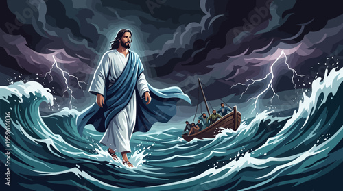 Jesus Christ Walking on Water During a Storm.