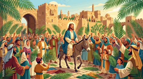 Jesus Christ Riding Donkey Palm Sunday Entry into Jerusalem.