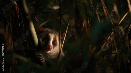 A delicate slow loris peeking from dense tropical foliage during twilight